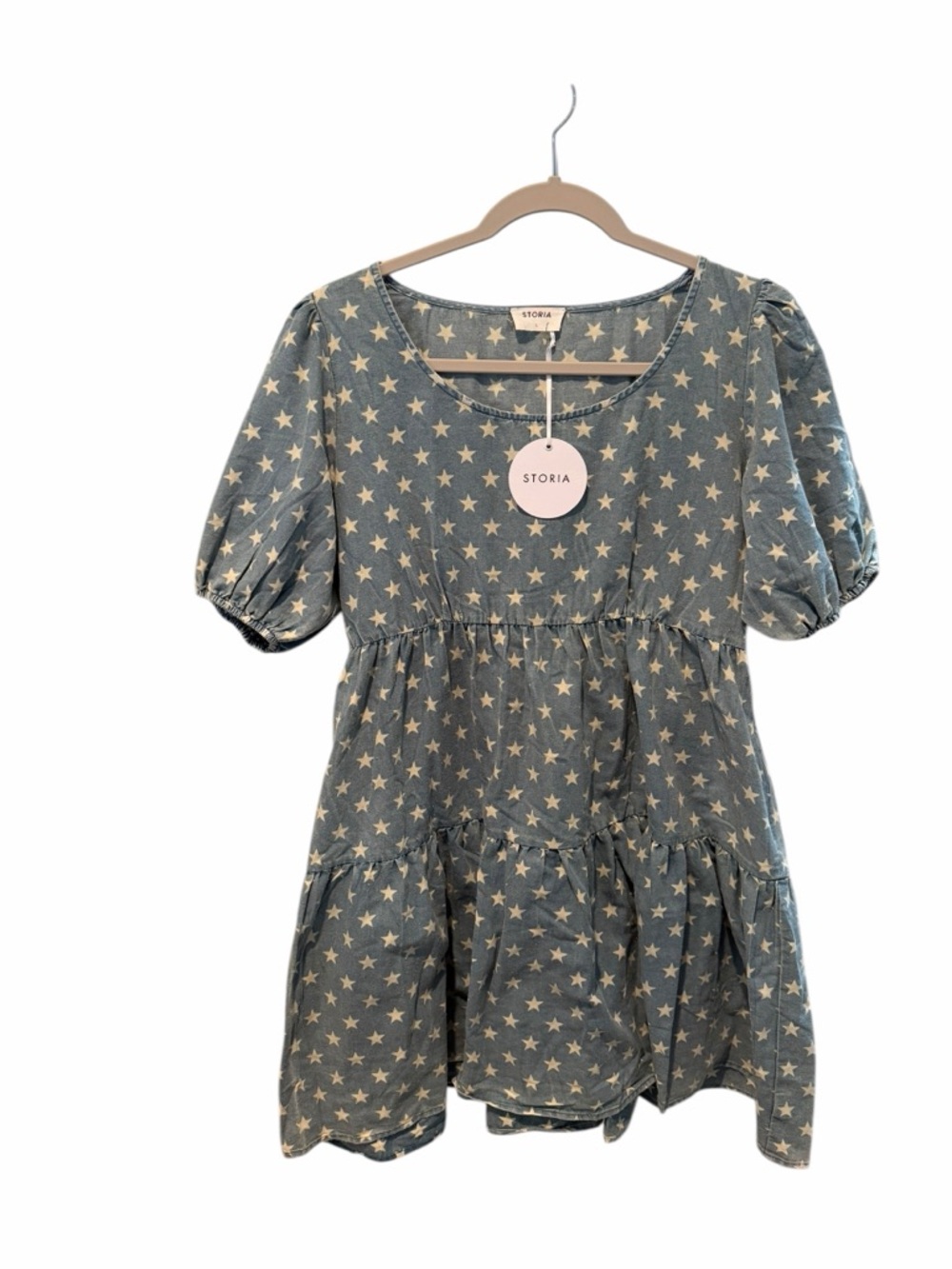 Storia Blue Star Print Babydoll Dress Puff Sleeve Tiered Large NWT